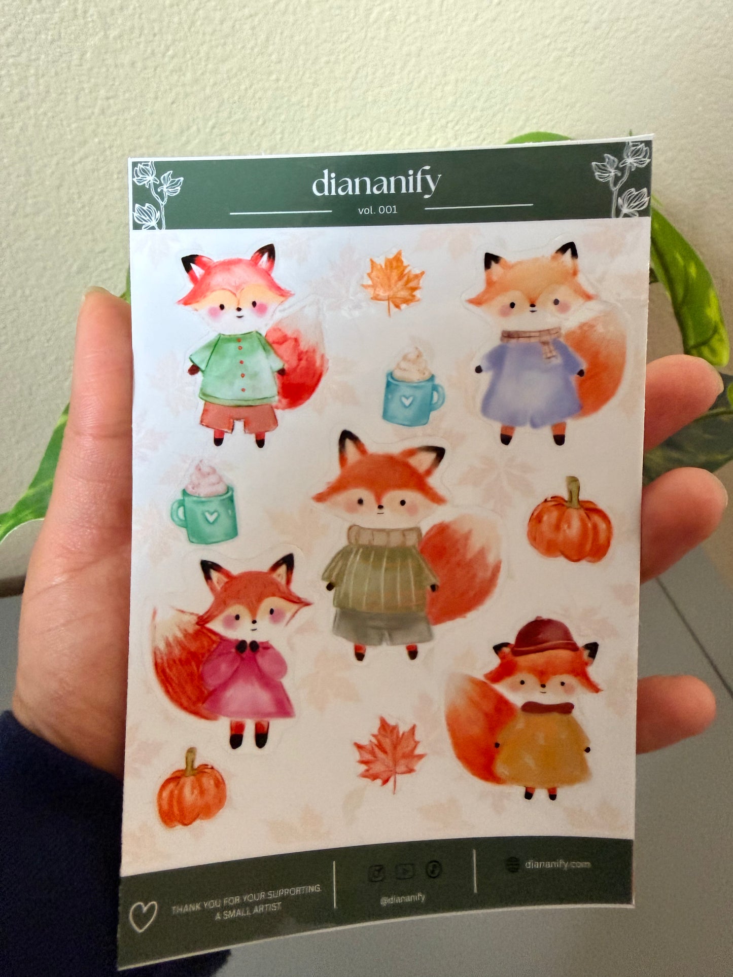 Dark Green Fall Fox Sticker Sheet