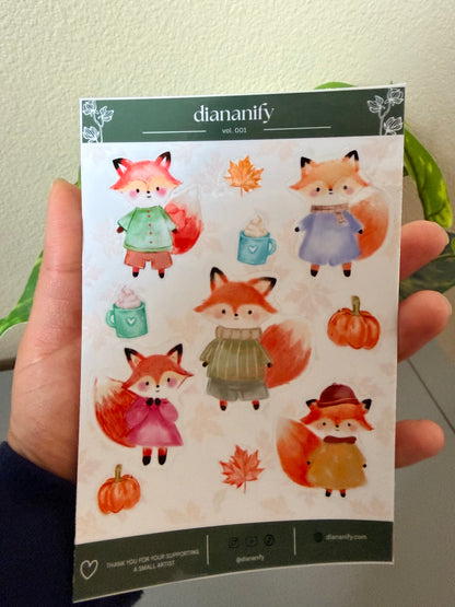 Dark Green Fall Fox Sticker Sheet