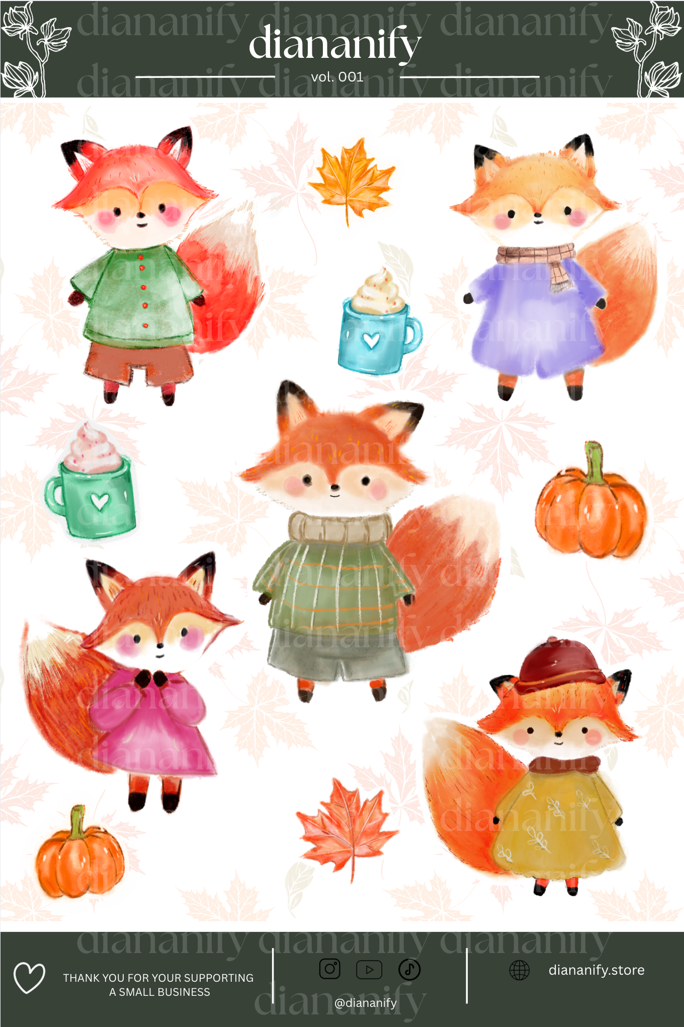 Dark Green Fall Fox Sticker Sheet