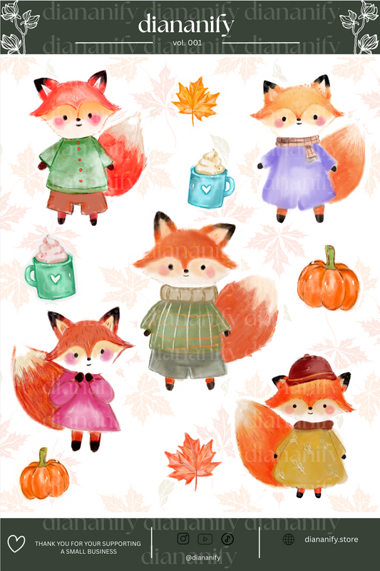 Dark Green Fall Fox Sticker Sheet