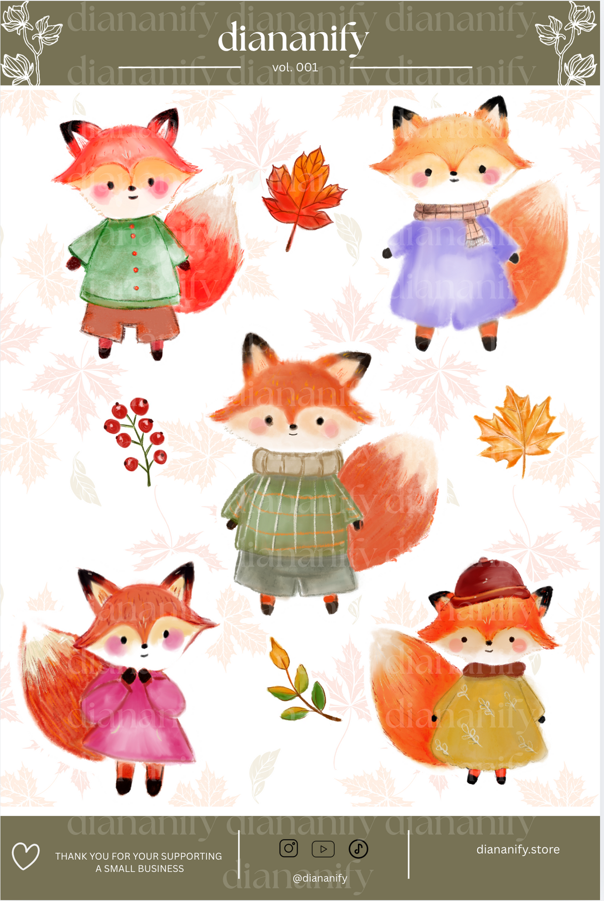 Cozy Fall Foxes Sticker Sheet 🦊🍂- Olive Header